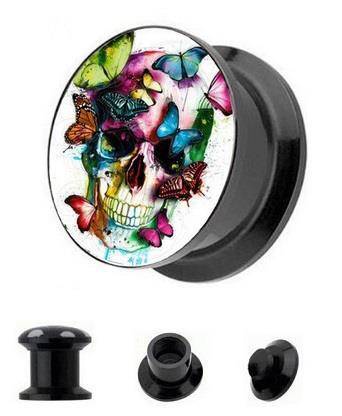 Twist-off acrylic plug - skull with butterflies - PT-038