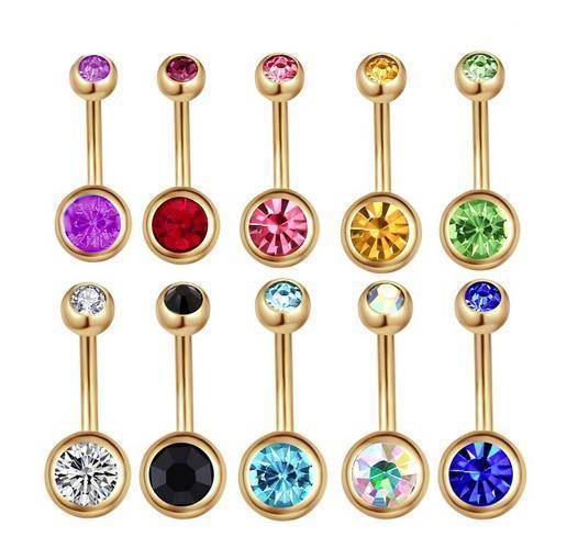 Gold Belly button ring with pink zircons - KP-044