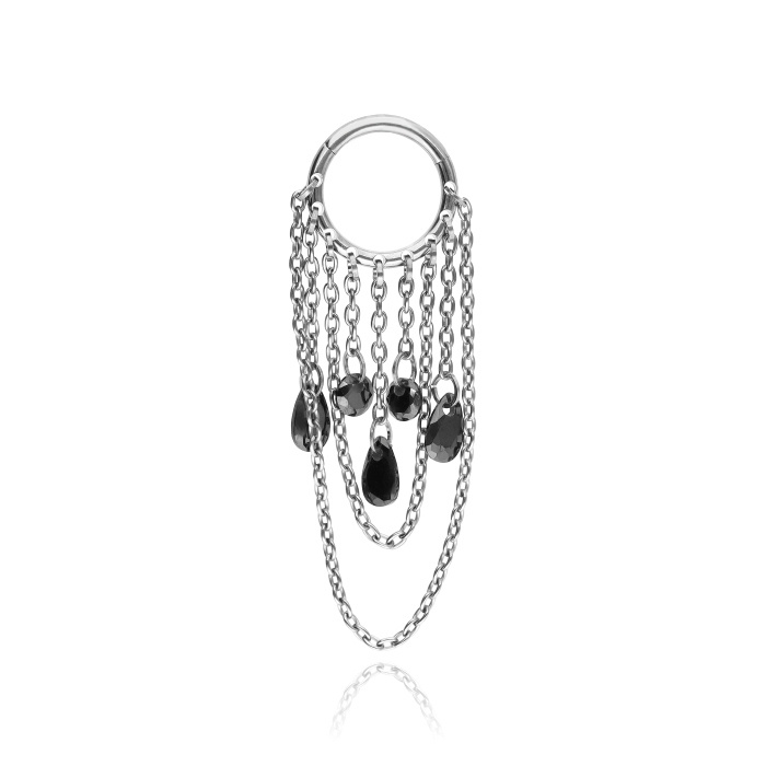 Titanium piercing ring clicker with chains and black cubic zirconias - silver - TK-082