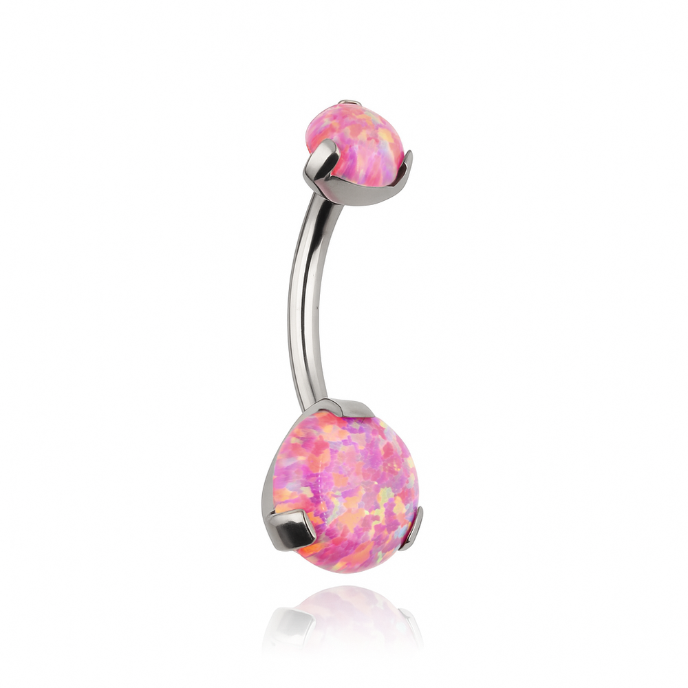 Titanium belly button ring with a pink opal - silver - TPP-012