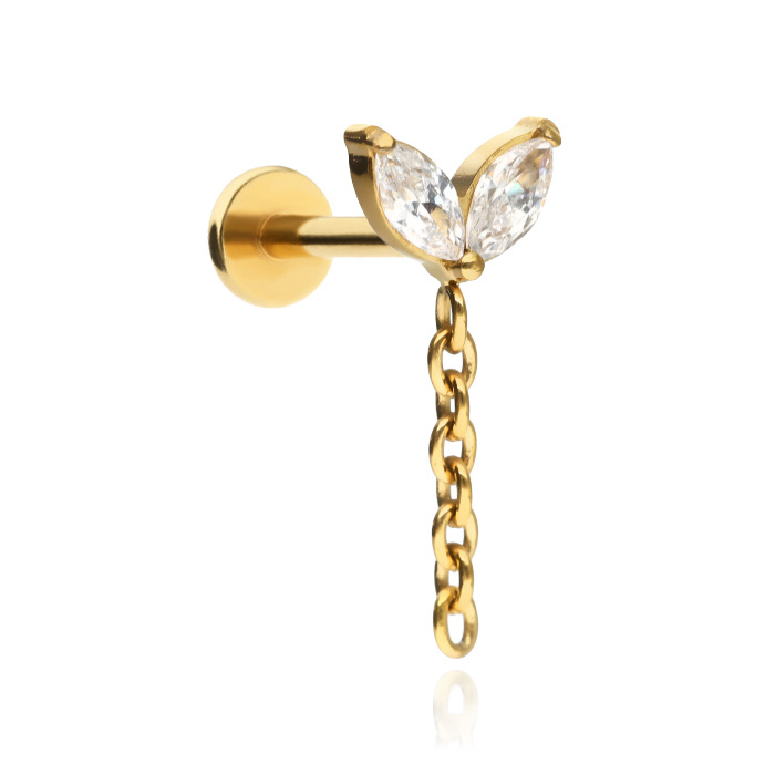 Titanium labret with white zircons and chains - gold