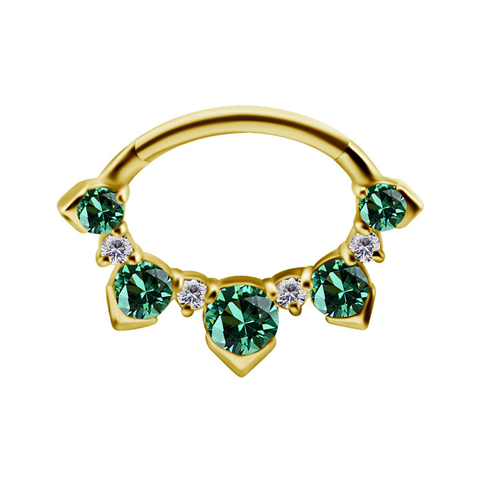 Piercing ring clicker - 18K gold with green and white zircons - GD18K-064