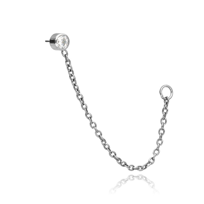 Titanium labret silver with white zirconia and chain - push in - TPI-007
