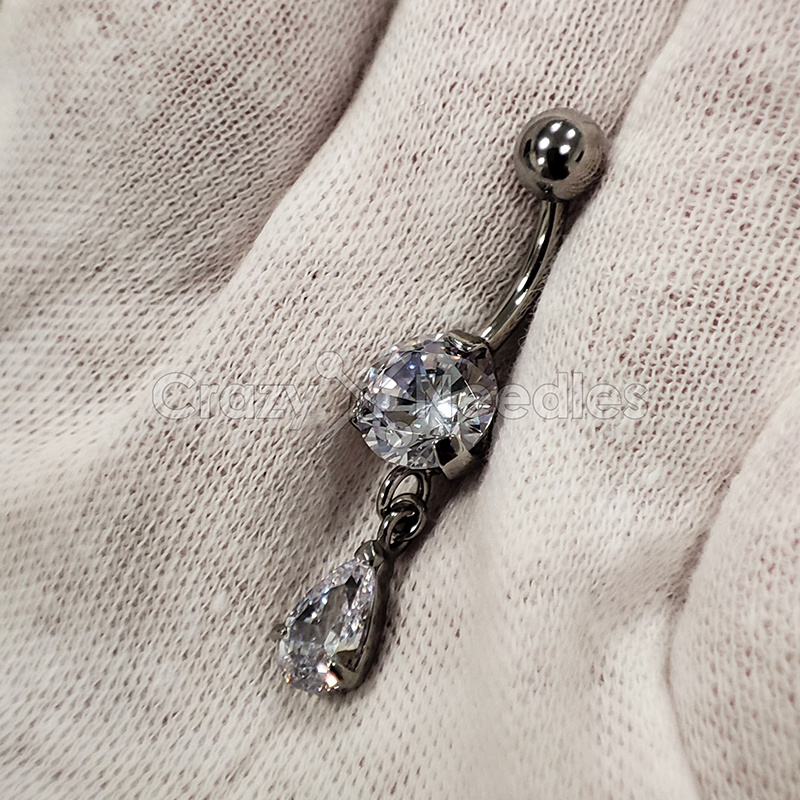 Silver Belly button ring with white zirconia - KP-009