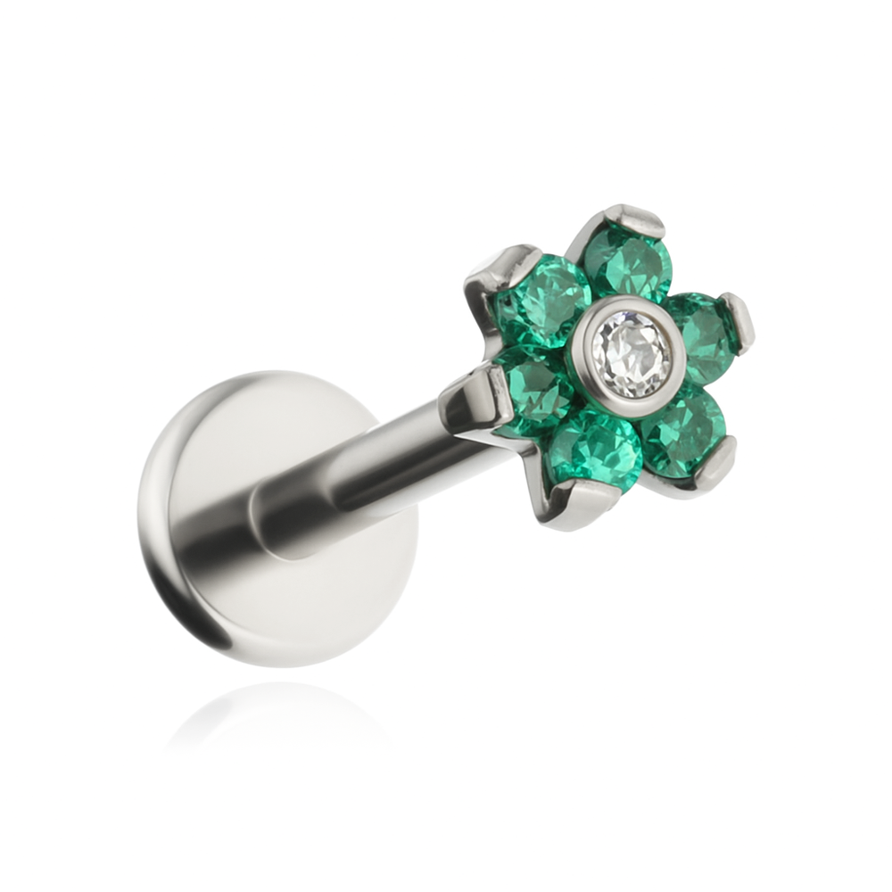 Titanium labret flower with green and white zirconia- silver