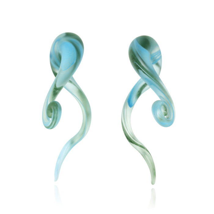 Glass Swan Spirals - frosted blue-green - pair - PT-168