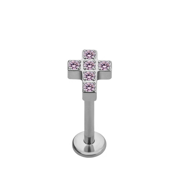 Titanium labret cross - pink zirconia - TGW-086