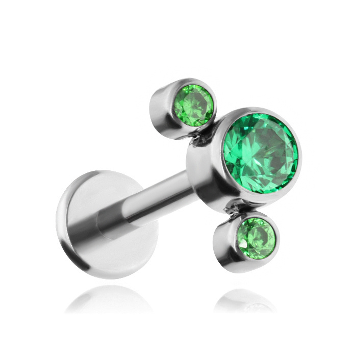 Titanium labret with green zircons - silver