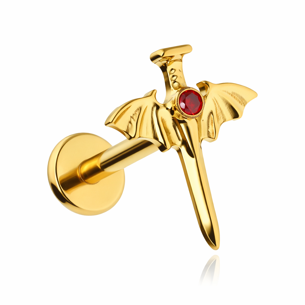 Titanium labret dagger with red zirconia - gold