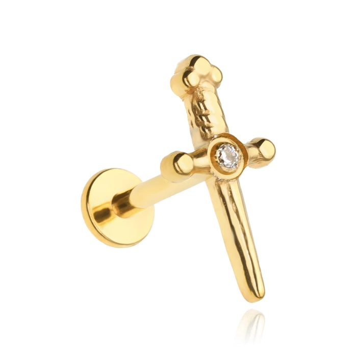 Titanium labret dagger with zirconia - gold