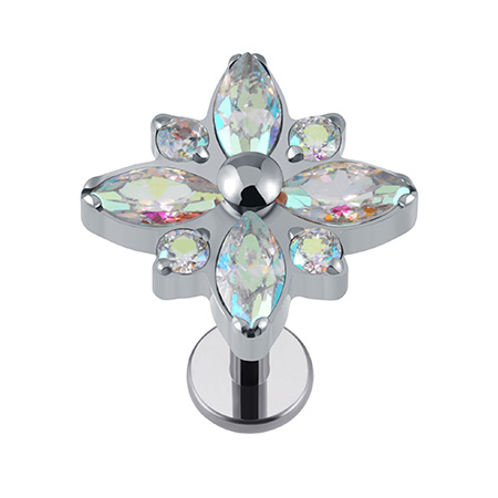 Titanium labret silver flower with iridescent zircons - TGW-106