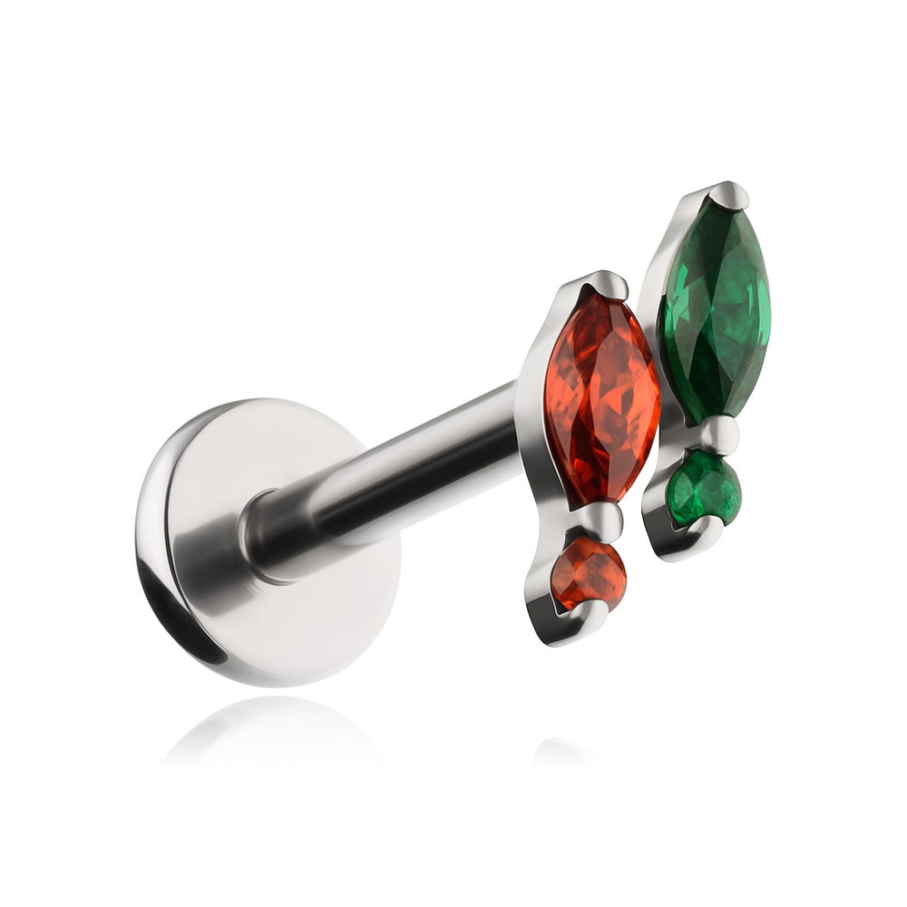 Titanium labret with green and red zirconia - silver
