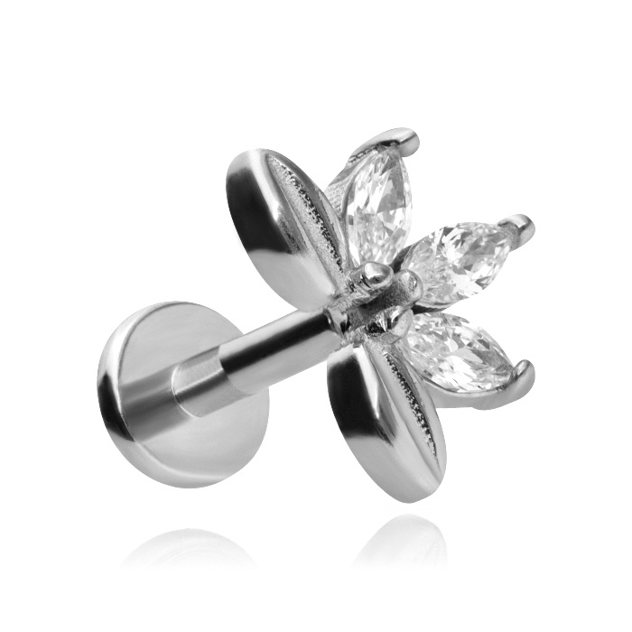 Labret flower with white zircons - silver - LGW-051