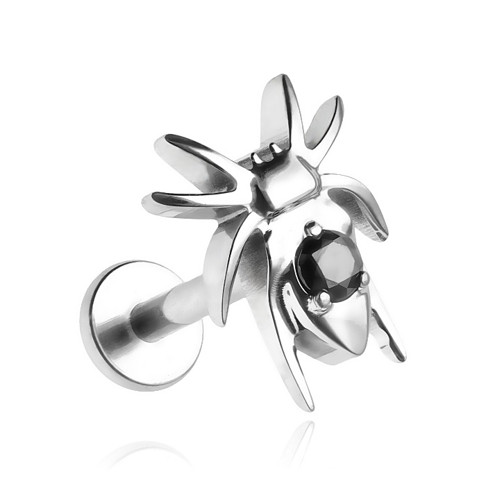 Titanium labret earring spider with black zirconia - silver - TGW-140