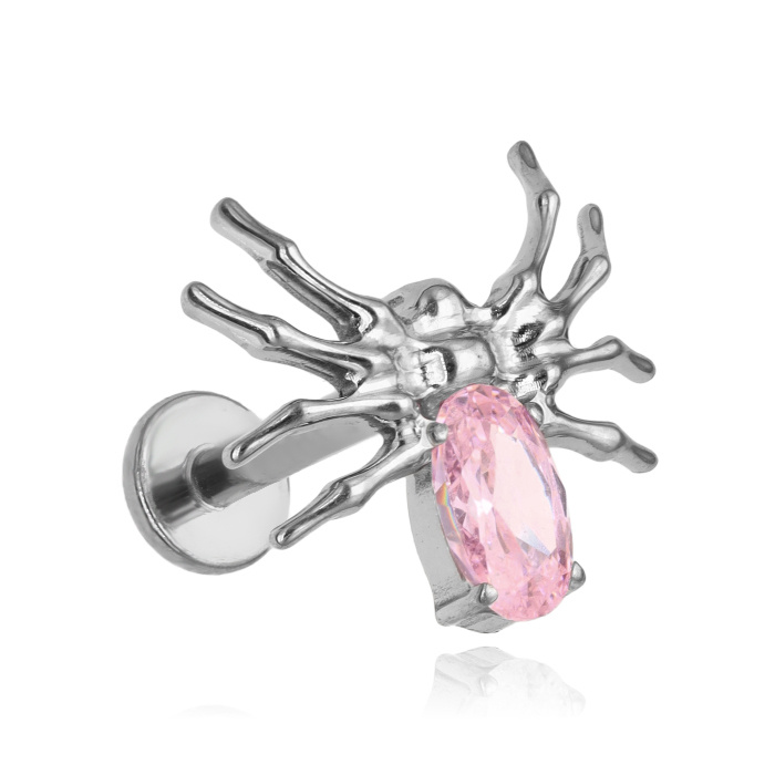 Titanium labret spider earring with pink zirconia - sterling silver - TGW-126