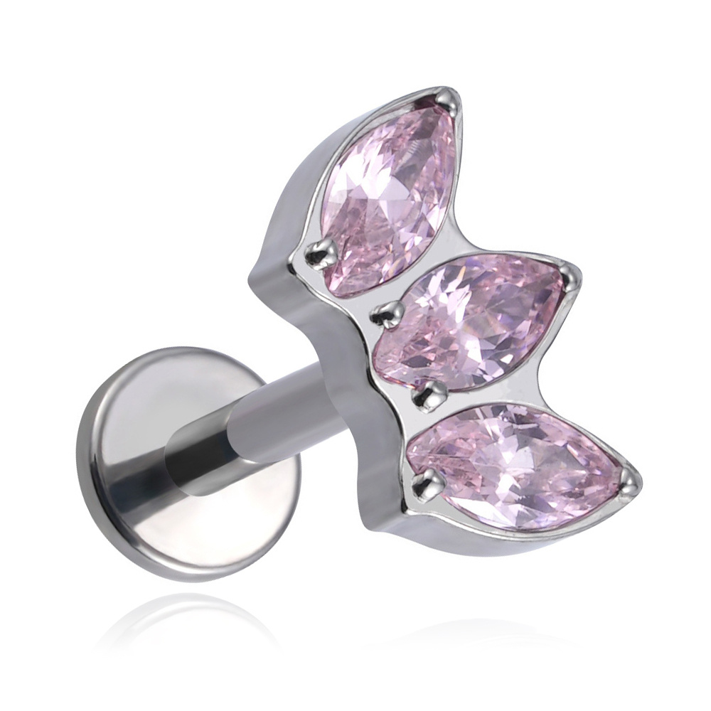 Tytanowy kolczyk labret z różowymi cyrkoniami - srebrny