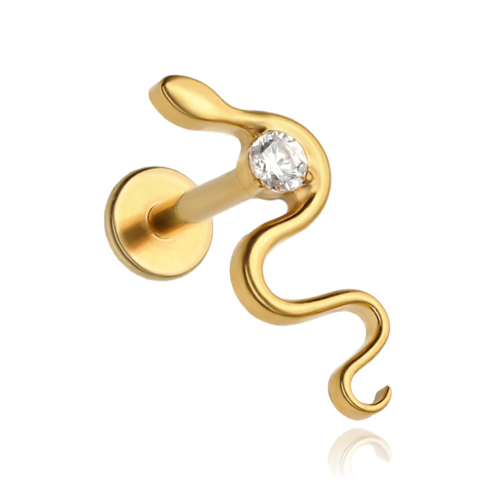 Titanium labret snake with white zirconia - gold - TGW-173