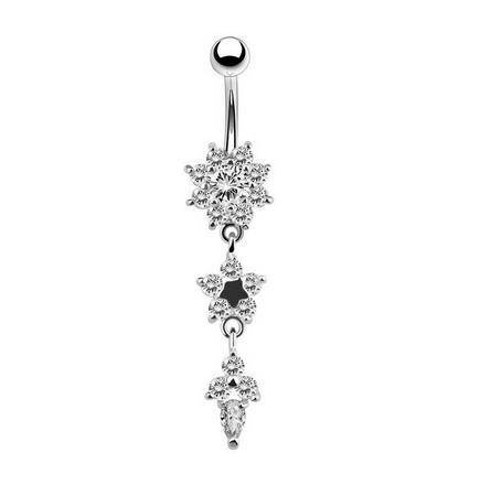 Long silver Belly button ring with white zircons - KP-054