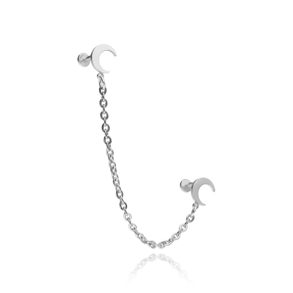 Earring labret moons with chain - silver - LGW-044/2