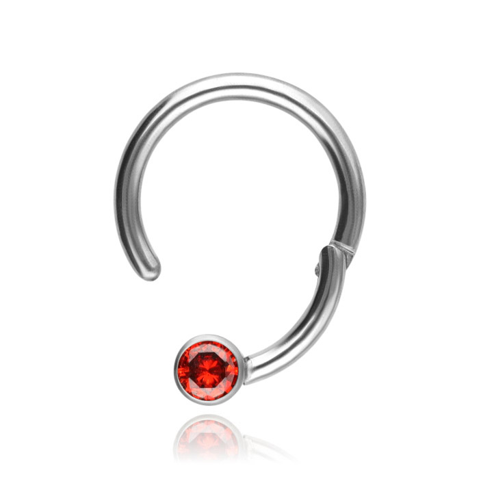 Titanium piercing ring BCR clicker with red zirconia - silver - TK-080