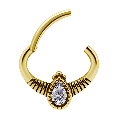 Gold clicker ring with white zircons - K-049