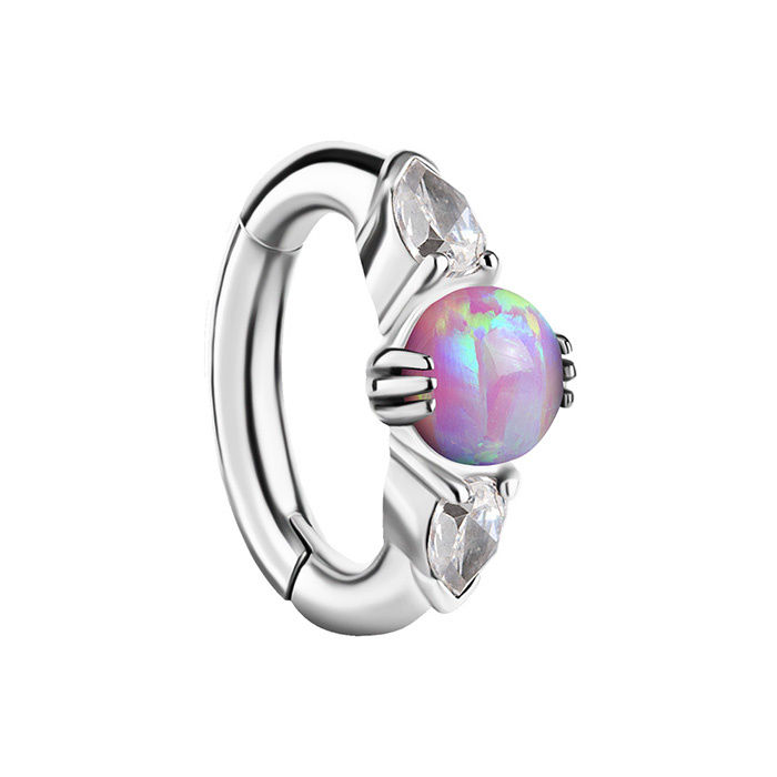 Earring clicker for navel with pink opal and white zirconia - CoCr NF - silver - KP-008