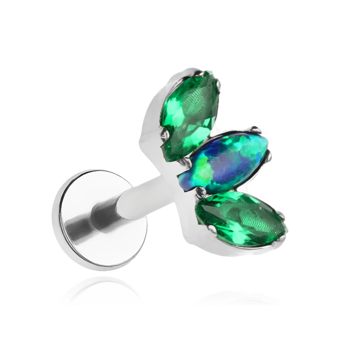 Titanium labret - green zirconia and opal - silver