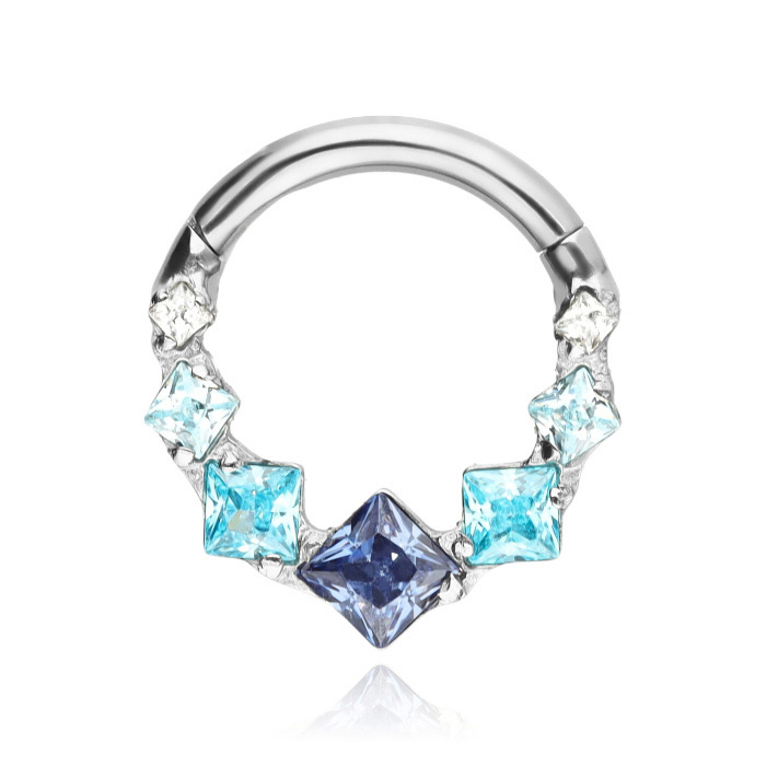 Titanium earring clicker with blue zircons - silver - TK-099