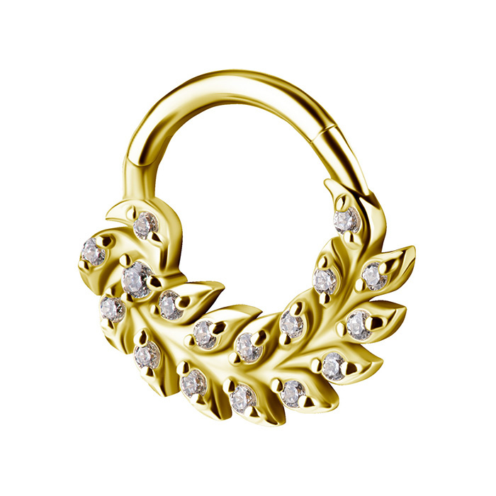 Piercing ring clicker - 18K gold leaf with white zirconia - GD18K-065