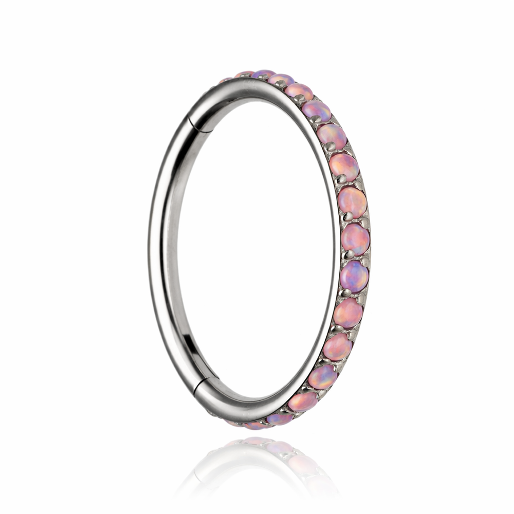 Titanium piercing ring clicker with pink opal OP22 - silver - TK-035