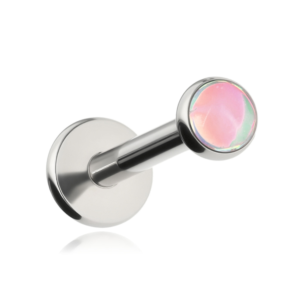 Titanium labret PUSH IN with a pink iridescent decoration - silver