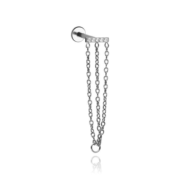 Titanium labret with white cubic zirconias and chains - sterling silver