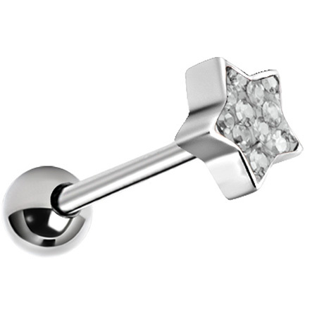 Tongue barbell silver star with white crystals - KJ-007