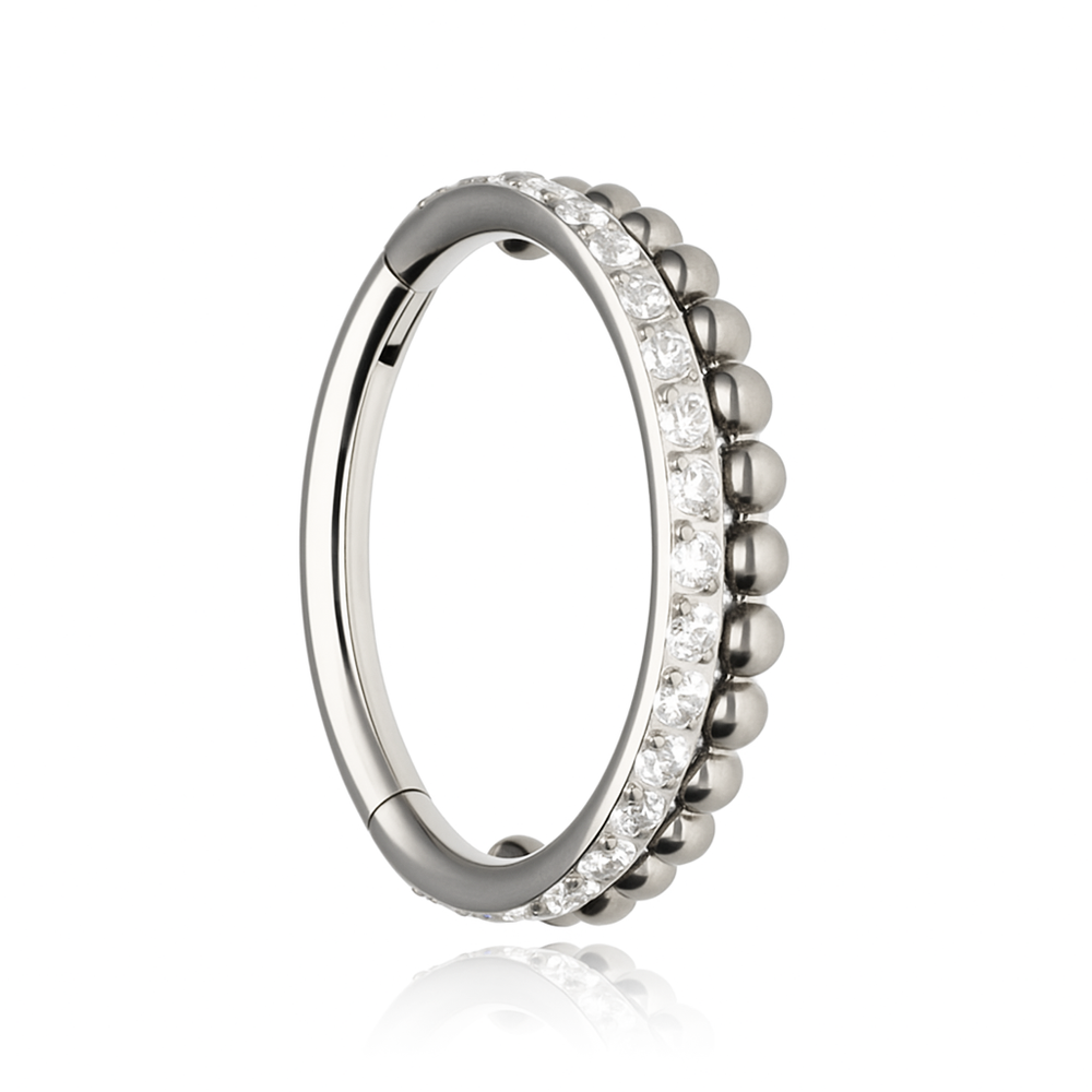 Titanium piercing ring clicker with white cubic zirconias and mini beads - silver - TK-041