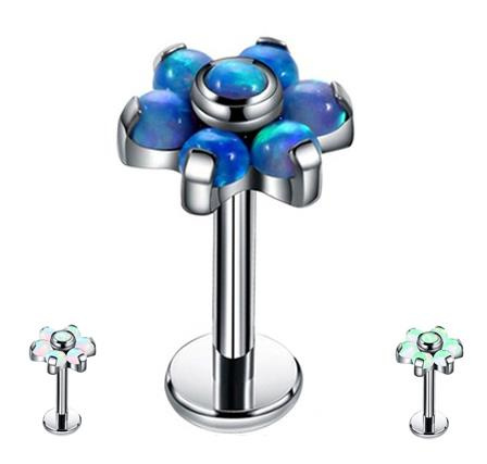 Titanium labret flower with light blue opal - TGW-001-3