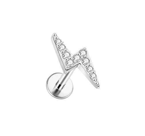Labret silver lightning bolt with white zircons - LGW-010