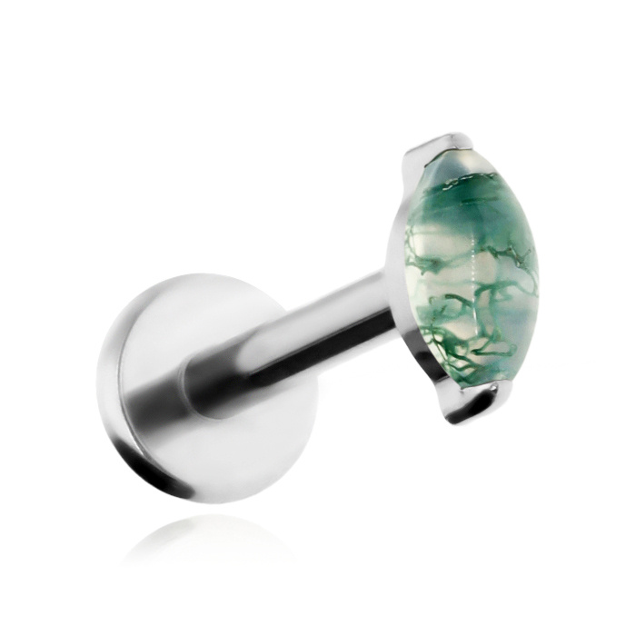 Tytanowy kolczyk labret łezka z Agatem Mszystym - srebrny