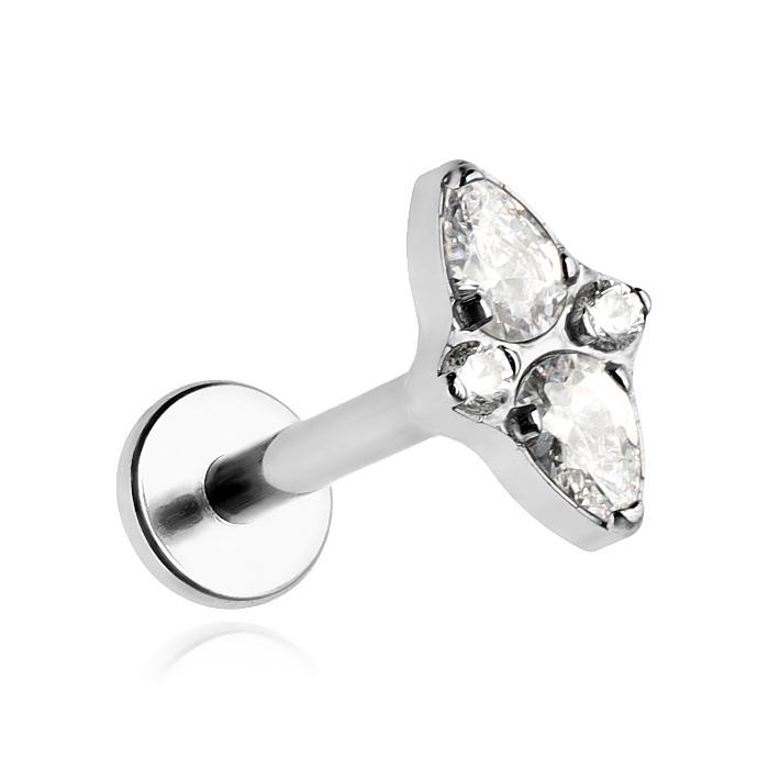 Titanium labret - decorative with white zircons - silver - TGW-143