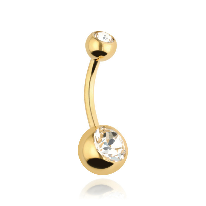 Titanium belly button ring with white crystals - gold - TPP-005