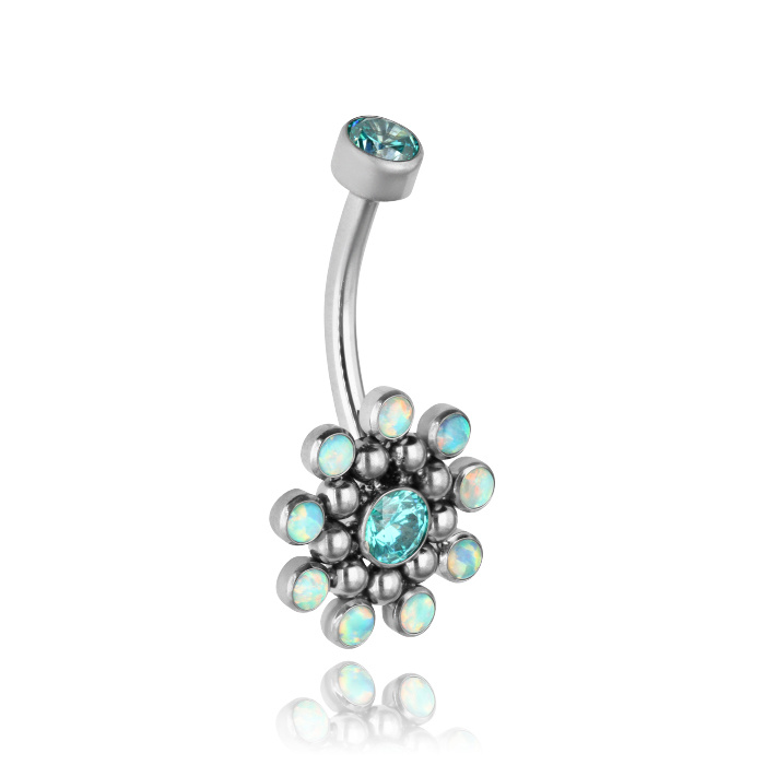 PREMIUM titanium navel earring with sea zirconia and blue opal - TPP-007