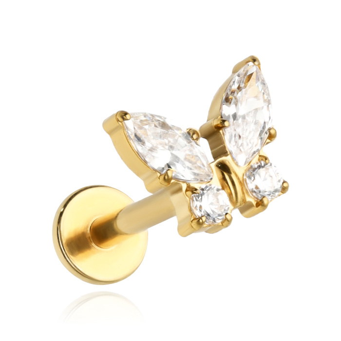 Titanium labret gold butterfly with white zircons