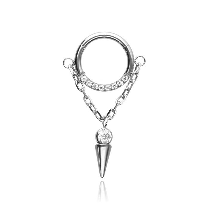 Titanium piercing ring clicker with zirconia stones and a chain - silver - TK-084