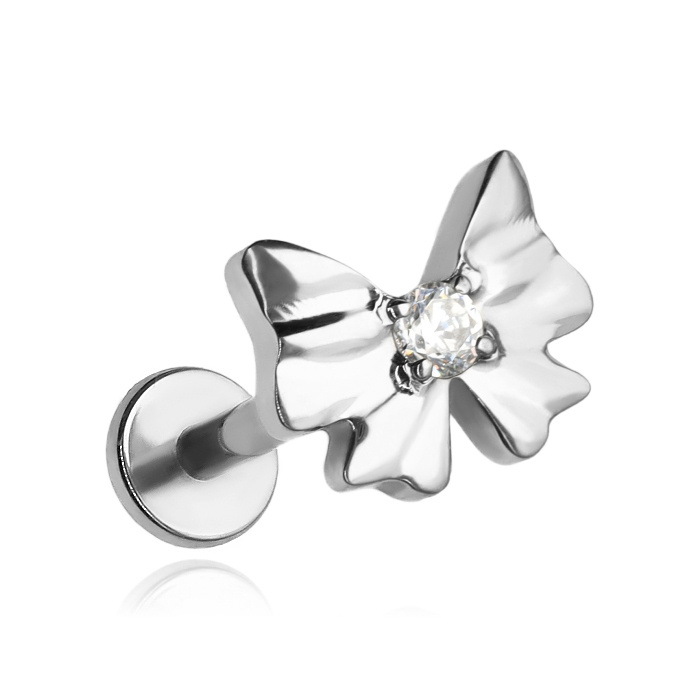 Titanium labret bow with white zirconia - silver - TGW-167