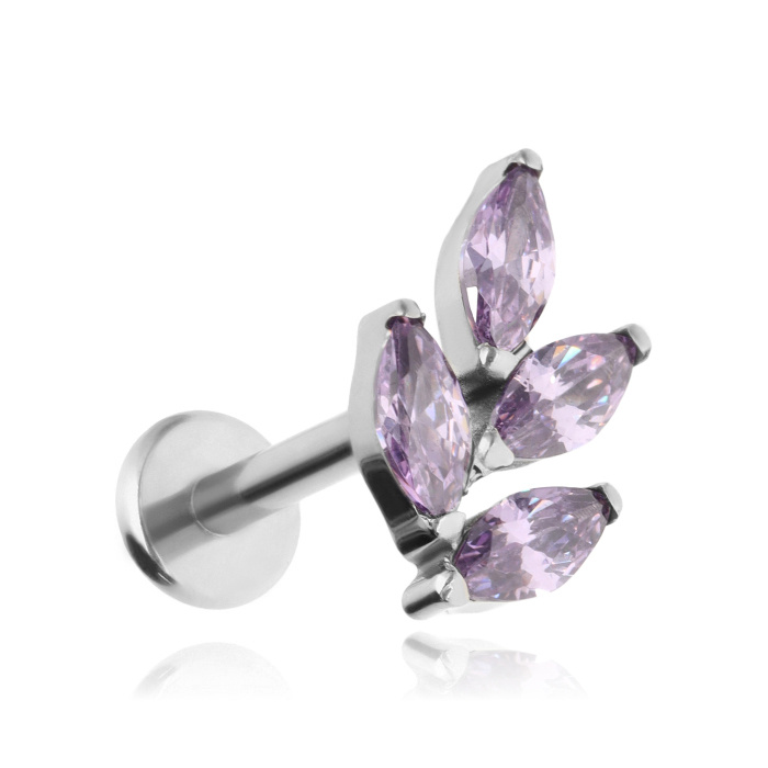 Titanium labret leaves with purple zircons - sterling silver