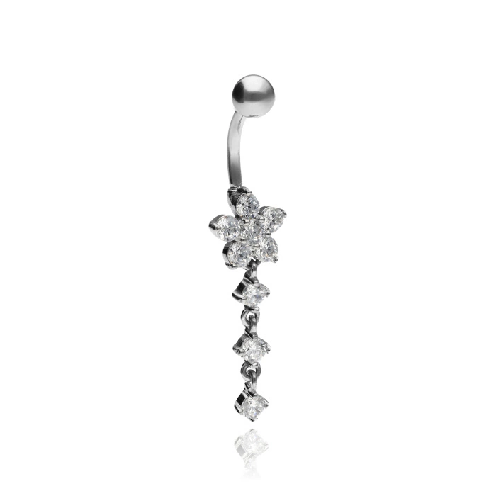Belly button ring flower with zircons - silver - KP-037