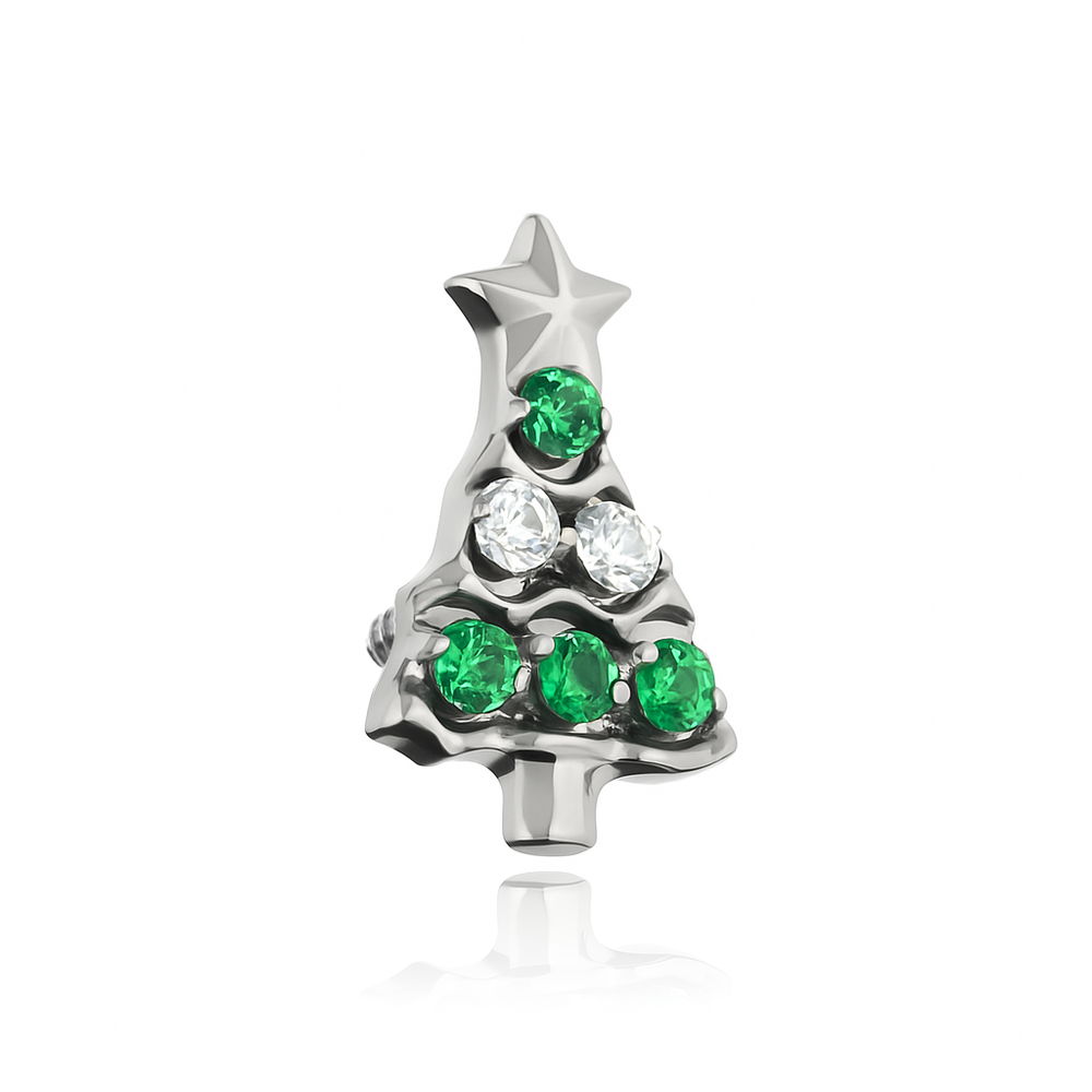 Titanium attachment christmas tree with white and green zircons - silver - TNA-212