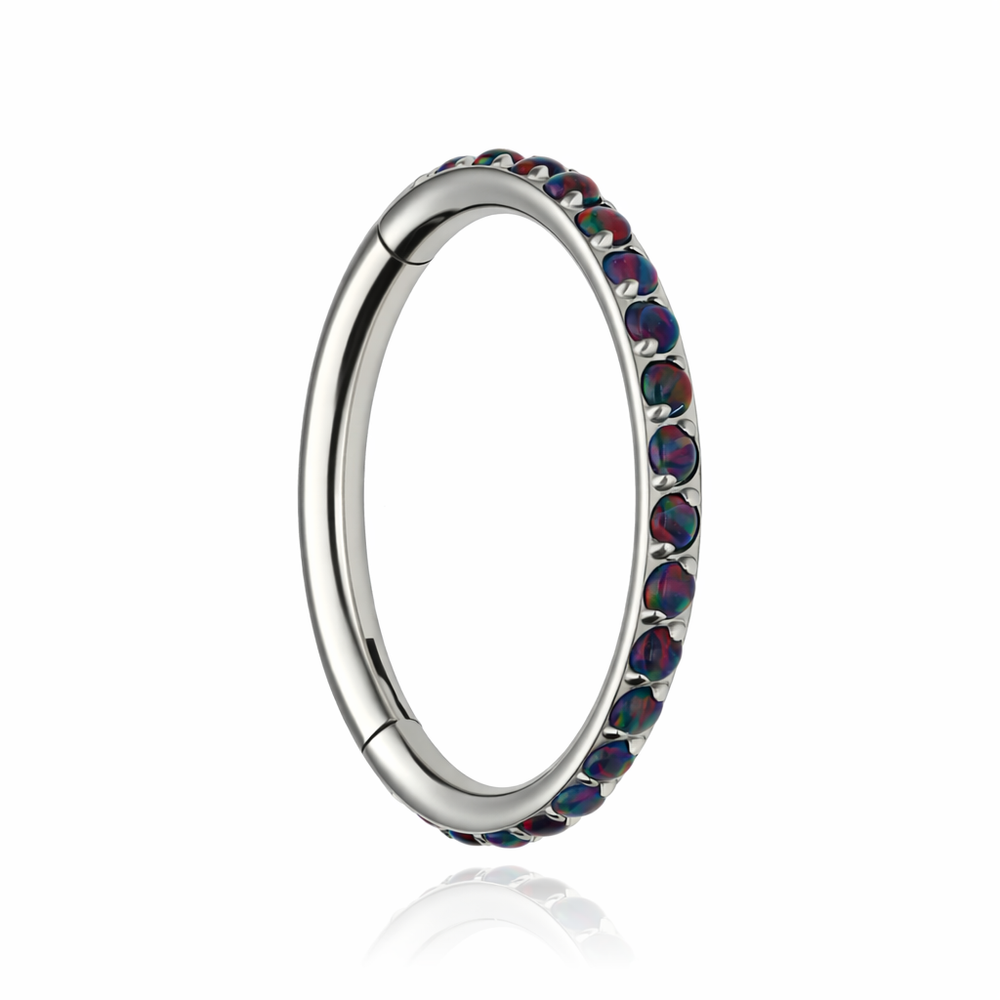 Titanium piercing ring clicker with black opal OP33 - silver - TK-035