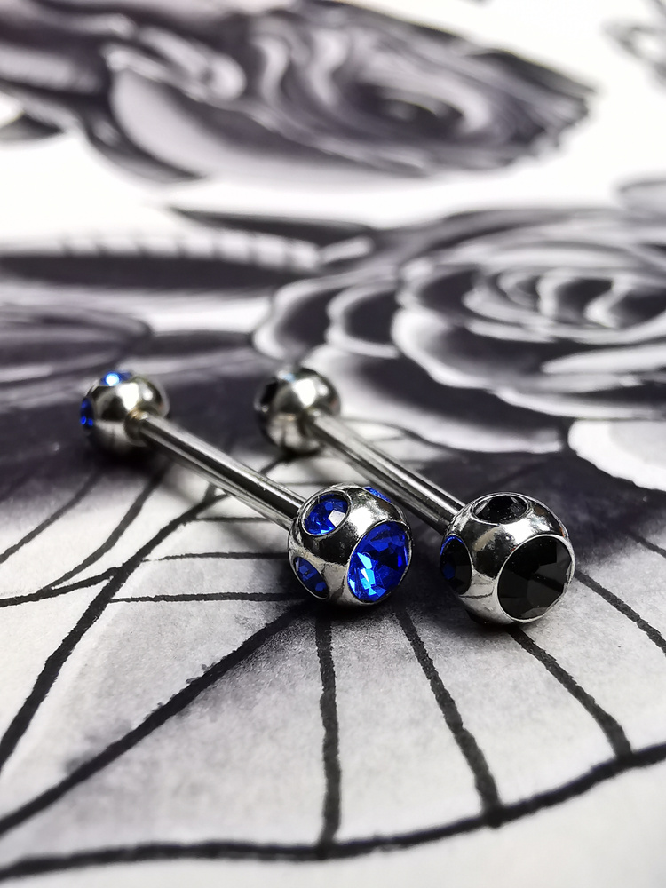 Tongue barbell silver - black crystals- KJ-002