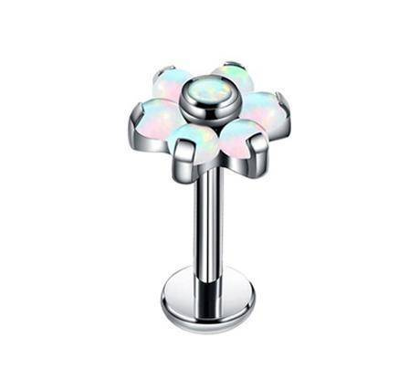 Titanium labret flower with light blue opal - TGW-001-3