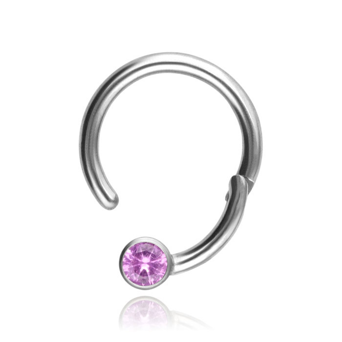 Titanium piercing ring BCR clicker with pink zirconia - silver - TK-080